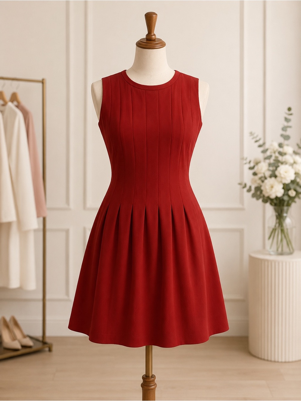H&M Sleeveless Pleated Fit-and-Flare Dress in Red
